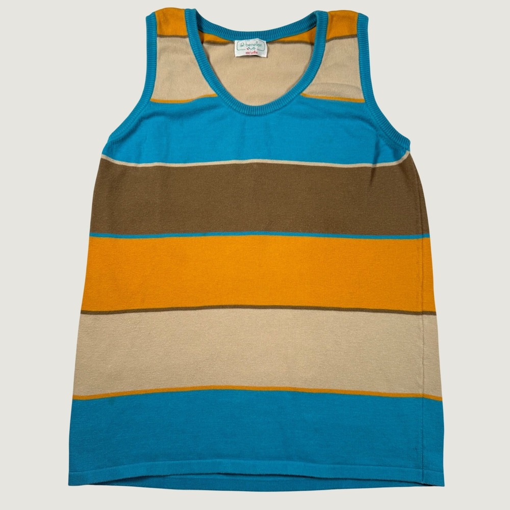Vintage Benetton Striped Knit Tank Top Made in Italy 100% Cotton Blue Orange L